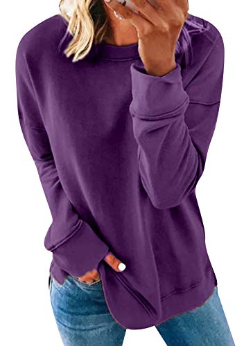 Yming Damen Rundhals Oberteil Lose Einfarbig Sweatshirt Langarm Shirts Violett XL von Yming