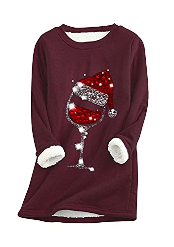 Yming Damen Rundhals Pullover Herbst Weihnachten Weinglas Teddy Fleece Langarm Pullover Bordeaux 3XL von Yming