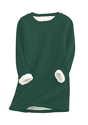 Yming Damen Rundhals Pullover Samt Tops Einfarbig Teddy Fleece Pulli Grün XXL von Yming