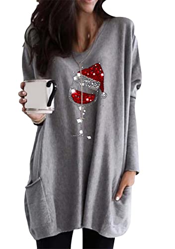 Yming Damen Rundhals Sweatshirts Casual Weihnachtspullover mit Taschen Langarm Pullover Hellgrau S von Yming