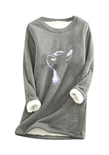 Yming Damen Rundhals Tops Katze Winter Warme Pullover Langarm Pullover Lamm Kaschmir Oberteil M-Grau L von Yming