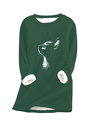 Yming Damen Rundhals Winter Pullover Katze Pullover Teddy Fleece Pullover Winter Warme Pullover M-Grün L von Yming