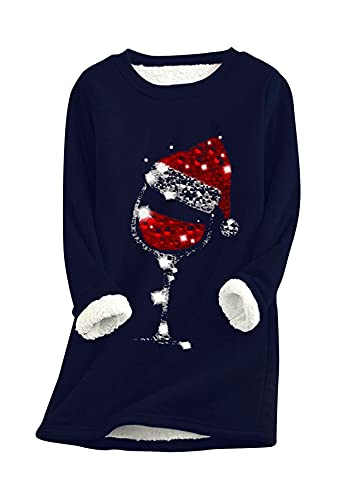 Yming Damen Rundhals Winter Pullover Weihnachten Pullover Teddy Fleece Pulli Navy Blau L von Yming