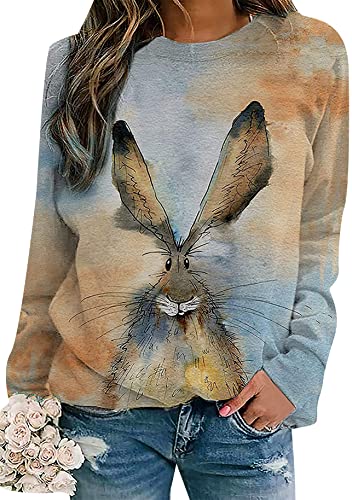 Yming Damen Rundhalsausschnitt Pullover Langarm Osterntag Häschen Sweatshirts Blau Orange L von Yming