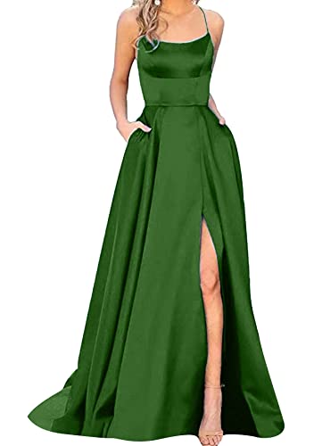 Yming Damen Satin Abendkleid Mit Taschen Spaghettiträger Langes Kleid Formelle Party Ballkleid Grün M von Yming