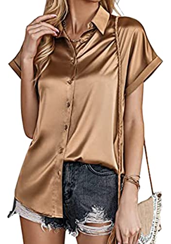 Yming Damen Satin Button Elegante Hemden Plus Size Kurzarm Hemden Revers Mode Seidenhemden Leichter Kaffee XL von Yming