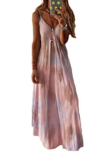 Yming Damen Schlinge Kleid Tie Dye Freizeitkleid Lässig V-Ausschnitt Kleid Rosa S von Yming