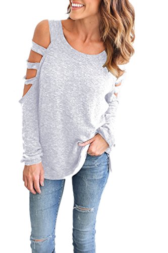 Yming Damen Schulterfrei Oberteile Rundhals Langarmshirt Casual T-Shirt Hell Grau M von Yming