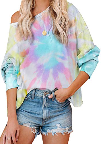 Yming Damen Schulterfrei Tops Tie Dye Rundhals Bluse Langarm Sweatshirt Violettblau M von Yming