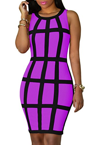 Yming Damen Sexy Etuikleid Ärmellose Kleid Knielang Kleid Elegant Partykleid Neon Violett S 34/36 von Yming