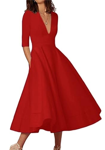 Yming Damen Sexy Formal Cocktail Midi Kleid 3/4 Ärmel Einfarbig Retro Deep V Neck Kleid Rot L von Yming
