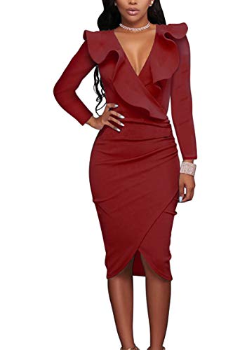 Yming Damen Sexy Langarm Kleid Party Kleid V Ausschnitt Kleid Figurbetontes Stretchkleid Übergröße Rot 3XL/DE 46-48 von Yming