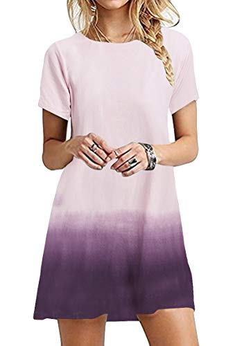 Yming Damen Shirtkleid Casual Farbverlauf Kleid Kurzarm Kleid Mini Sommerkleid JB-Rosa XL/DE 42 von Yming