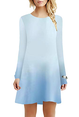 Yming Damen Shirtkleid Casual Kleid Rundhals Kleid Langarm Lose Farbverlauf Kleid Hellblau XS/DE 32-34 von Yming