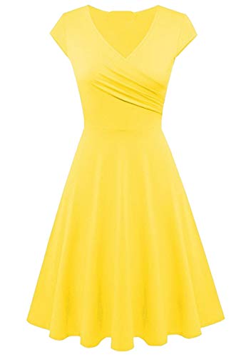 Yming Damen Slim Fit Knlelang Kleid Kurzarm Kleider Elegantes Swing Kleid Gelb L von Yming