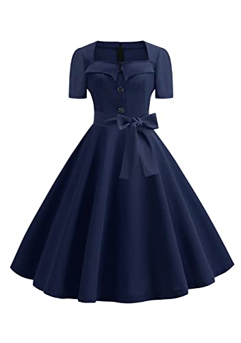 Yming Damen Slim Fit Schlichtes Kleid V Ausschnitt Sommerkleid Trapez Cocktail Vintage Kleid Navy Blau L von Yming
