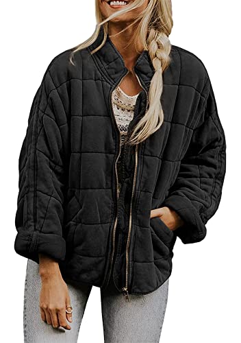 Yming Damen Solid Color Loose Jacke Stand-up Kragen Reißverschluss Short Top Winter gesteppte Baumwolle-wattierte Mantel Schwarz L von Yming