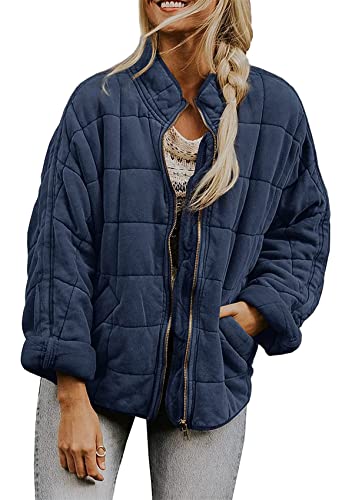 Yming Damen Solid Zipper Mantel Geprägt Lose Zipper Jacke Winter Gesteppt Casual Winter Gesteppte Taschen Top Dunkelblau S von Yming
