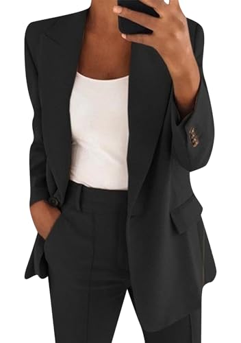 Yming Damen Solide 2PCS Blazer Anzüge Langarm Offene Front Office Jacke Arbeit Business Revers Anzug mit Taschen Schwarz 2XL von Yming