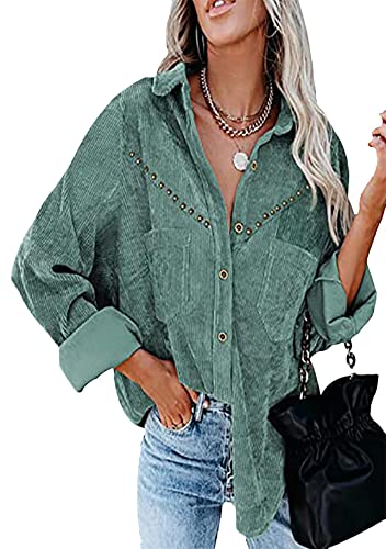 Yming Damen Solide Button Down Hemden Langarm Übergroße Boyfriend Blusen Grün 3XL von Yming