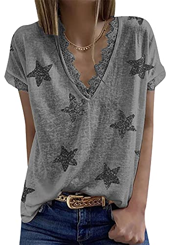 Yming Damen Sommer Kurzarm T-Shirt Tunika V-Ausschnitt Sterne Printed Tops Casual Spitzenblusen Dunkelgrau XXL von Yming