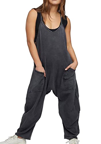 Yming Damen Sommer Mode Jumpsuits Weites Bein Lose Jumpsuits Lässig V Ausschnitt Jumpsuits mit Taschen Einfarbig Reissverschluss Jumpsuits Schwarz M von Yming