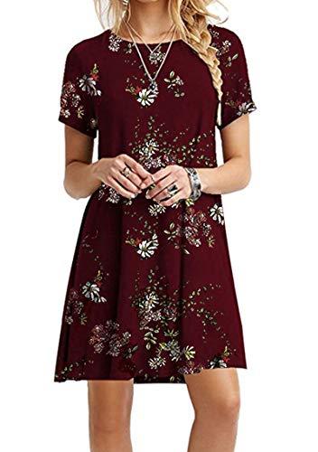 Yming Damen Sommerkleid Lose T-Shirt Kleid Kurzarm Longshirt Weinrot Blumen XXXXXL/DE 50 von Yming