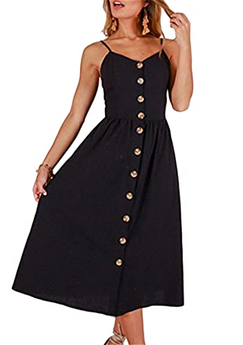 Yming Damen Spaghetti-Träger Midi Lässig Kleid Blumendruck Swing Kleid A Line Boho Strandkleider Schwarz L von Yming
