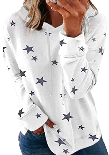Yming Damen Sterndruck Kapuzenshirt Lose Langarm Shirts Rundausschnitt Sweatshirt Freizeit Sweatshirts Weiß XL von Yming
