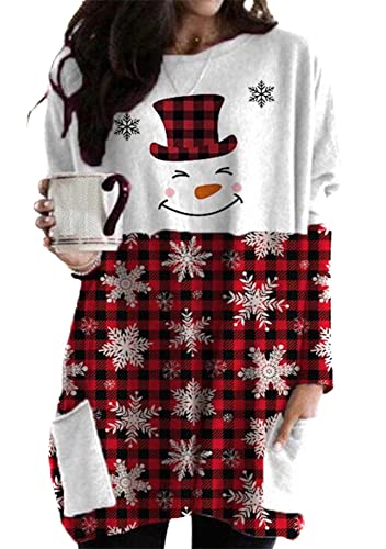 Yming Damen Stitching Blusen Rundhals Weihnachtspullover mit Taschen Winter Sweatshirts Weihnachtsmütze XL von Yming