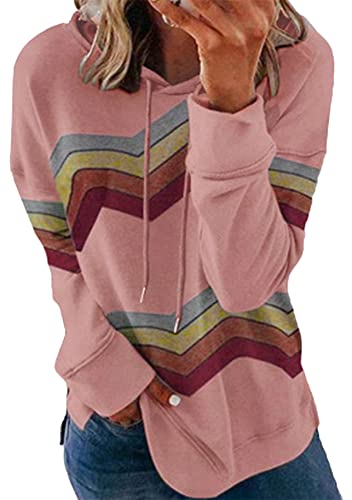 Yming Damen Streifen Kapuzenshirt Lose Langarm Shirts Rundhals Sweatshirt Freizeit Sweatshirts Rosa XL von Yming