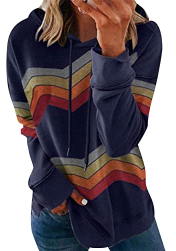 Yming Damen Streifen Pullover mit Kapuzen Rundhals Sweatshirt Langarm Kapuzenshirt Navy Blau XXL von Yming
