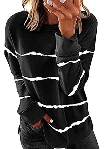 Yming Damen Streifen Sweatshirt Freizeit Casual Langarm Bluse Rundausschnitt Shirts Schwarz XL von Yming