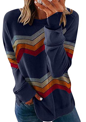 Yming Damen Streifendruck Gedruckte Sweatshirts Lässige Rundhals Bluse Langarm Oberteil Freizeit Navy Blau XL von Yming