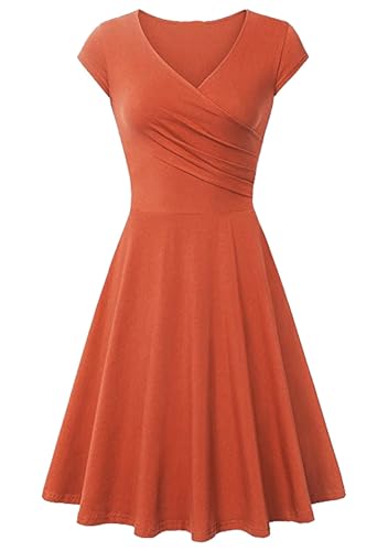 Yming Damen Plissee Swing Kleid V-Ausschnitt Kleid Audrey Elegant Blumendruck Kleid Midi Kleid Orange XXL von Yming