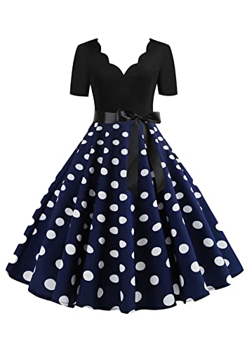 Yming Damen Swing Sommerkleider Audrey Hepburn Kleid Polka Punkt Kleid Mit Gürtel Hoher Taille Kleid Dunkel Blau 3XL von Yming