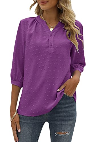 Yming Damen Swiss Dot Tops 3/4 Ärmel V-Ausschnitt Oberteile Lässige Jacquard Blusen Violett XXL von Yming