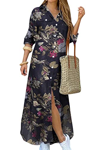 Yming Damen Langarm Print Shirt Kleid Casual Lose Tasche Button Down Split Party Maxi Sommerkleider Blume Schwarz M von Yming