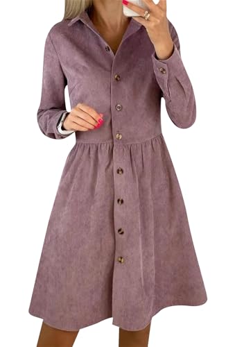 Yming Damen Täglich Langarm Hemdkleid Solid Single Breasted Kleider Button Down Kleid Violett M von Yming