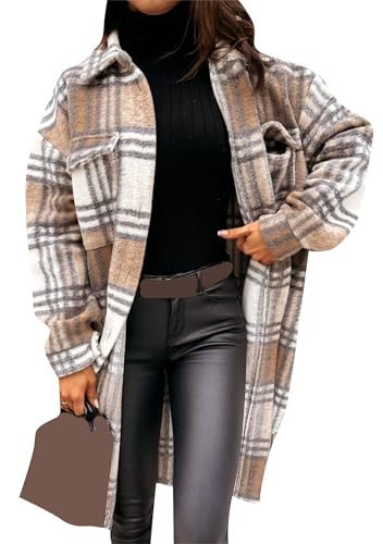 Yming Damen Tartan Wintermantel Mit Taschen Ausgebeult Revers Taste Shackets Langarm Casual Karo Jacke Grau Braun XXL von Yming