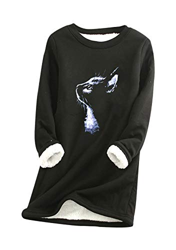 Yming Damen Teddy Fleece Pulli Bedrucktes Pullover Langarm Pulli Katze Rundhals Oberteil M-Schwarz S von Yming