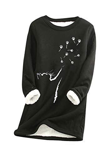 Yming Damen Teddy Fleece Pulli Bedrucktes Pullover Langarm Pulli Katzenpfote O-Ausschnitt Oberteil MZ-Schwarz S von Yming