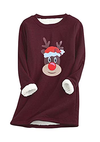 Yming Damen Teddy Fleece Pullover Weihnachten Unterhemd Langarm Pullover Bordeaux L von Yming