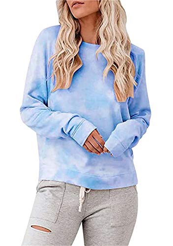 Yming Damen Tie-Dye Oberteil Langarm Lose Rundhalsausschnitt Sweatshirt Frizeit Sweatshirts Blau XL von Yming