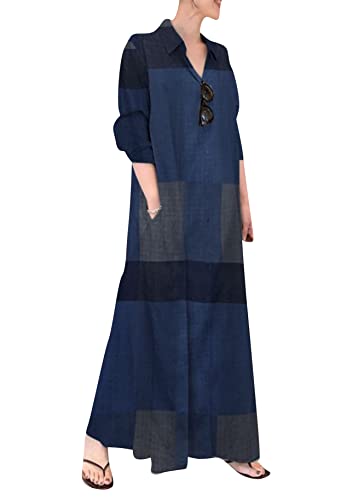 Yming Damen Tunika Kleid Herbst Leinen Button Down Kleid Lange Ärmel Casual Maxi Shirt Kleid Kariert Blau L von Yming