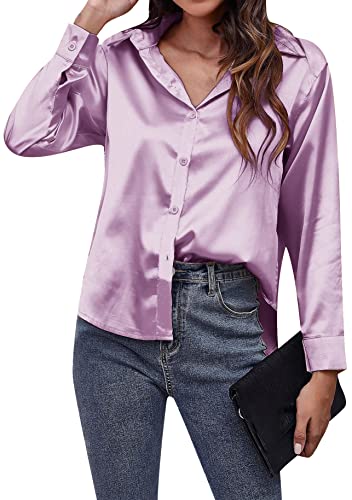 Yming Damen Übergröße Langarm-Shirt Knopf Lässige Hemden Revers Satin Lose Hemden Lila M von Yming