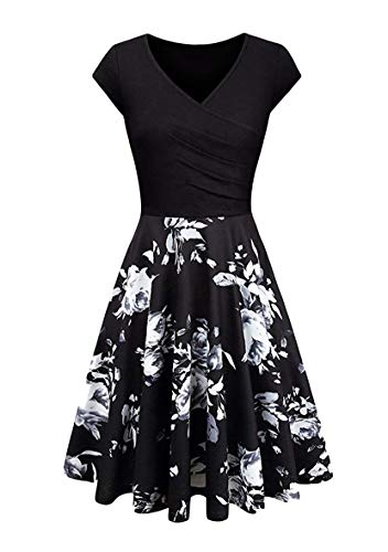 Yming Damen V-Ausschnitt Kleid Sexy Flügelärmel Kleid Knielang Kleider Blumen/Schwarz XS von Yming