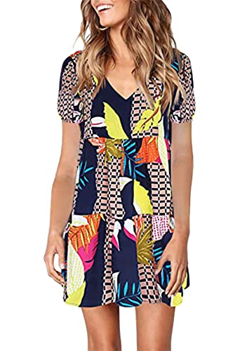 Yming Damen V-Ausschnitt Kleider mit Taschen A Linie Minikleid Kurzarm Freizeitkleider Boho Kurz Kleid Geometrie Blau M von Yming