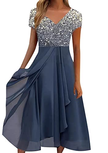 Yming Damen V Ausschnitt Patchwork Kleid Chiffon Elegantes Cocktailkleid Hochzeit Gastkleider Weiß Blau XL von Yming