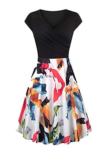 Yming Damen V-Ausschnitt Swing Kleid Blumen Partykleid Kurzarm Kleid Blumen/Blattweiß XS Yming Damen V-Ausschnitt Swing Kleid Blumen Partykleid Kurzarm Kleid Blumen/Blattweiß XS von Yming